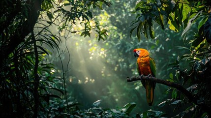 A colorful parrot perched on a branch in a lush tropical jungle.