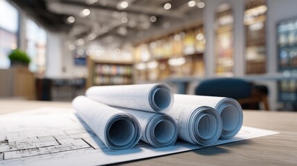 Rolled blueprints on a table in a modern store