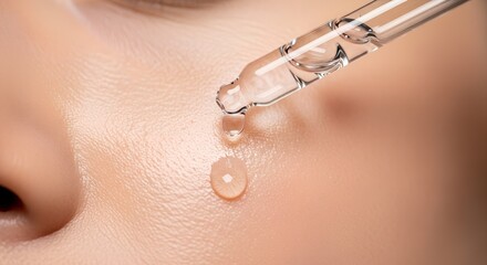Close-up of a hydrating cosmetic serum or essential oil being applied to a woman's facial skin with a glass dropper for a daily beauty routine