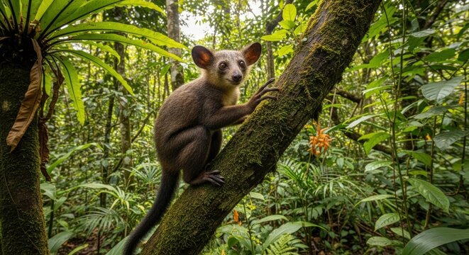 Cute Eastern Woolly Lemur Perched on Mossy Tree Branch in Rainforest of Madagascar