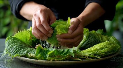 Preparing Crisp Lettuce and Perilla Leaves with Skillful Hands