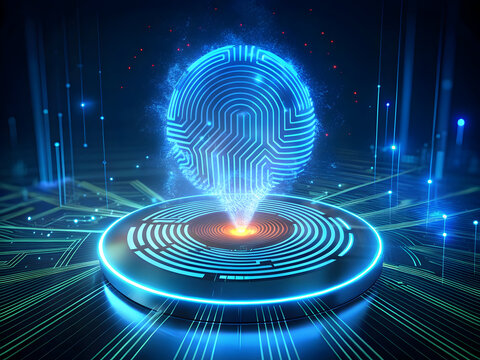 Futuristic digital hologram of a fingerprint projected from a glowing circular platform on a circuit board background