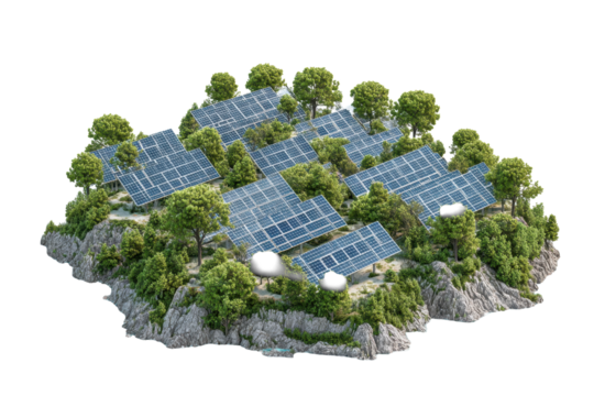 Solar Island Micro Power Plant with Panels and Trees