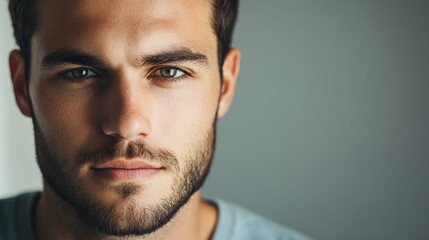 Close up portrait of a handsome man with a beard looking directly at the camera with a neutral expression