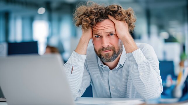 Frustrated businessman experiencing problems looking at the camera in front of his laptop computer at work
