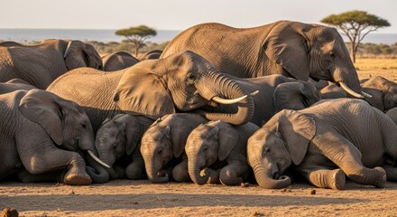 Resting Elephant Herd in African Savannah at Sunset