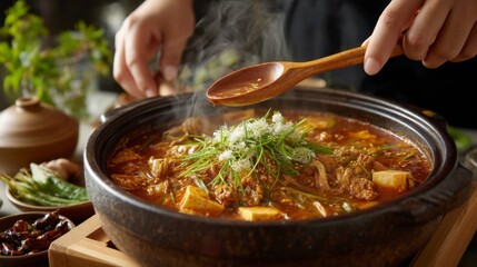 Hands Using Wooden Spoon to Stir Bubbling Pot of Doenja Stew