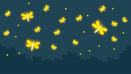 Fototapeta premium Enchanting fireflies illuminating a dark forest scene with magical glow and gentle movement
