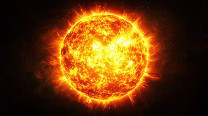 A fiery, glowing sun with a bright, orange and yellow flame-like aura, set against a dark, starry background.