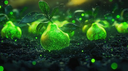 a lot of green glowing bergamot pears on a Ebony-colored soil, transparent body with green bioluminescent veins, breathes in sync with aurora 
