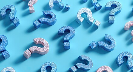 Scattered blue and pink question marks on a light blue background