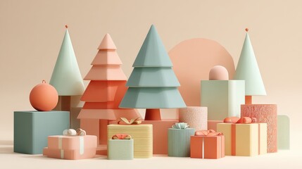 Fototapeta premium Pastel-colored Christmas scene with trees and gifts