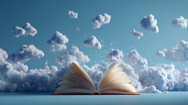 Open book on blue background with floating clouds and drifting pages, surreal whimsical concept with soft lighting --ar 16:9