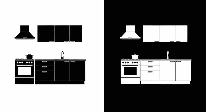 An outline style kitchen interior, a modern and clean icon for an architecture firm, an interior designer, or a furniture catalog.