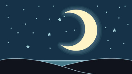 Fototapeta premium Stylized crescent moon and starry night sky with subtle landscape vector illustration