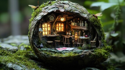 Fototapeta premium A miniature tavern inside a hollow acorn, glowing windows, bark shingles, mossy barstools with caterpillars playing cards hyper-real, whimsical realism