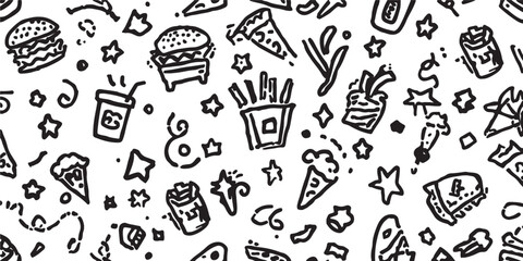 Fast Food Doodles Seamless Pattern Vector Background with Burgers Fries Pizza and Stars Festive and Fun Design