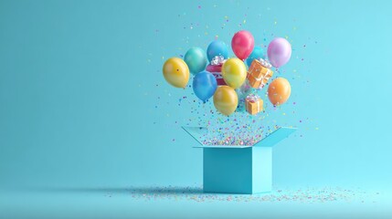 A light teal box bursts open with colorful balloons and gifts, confetti raining down