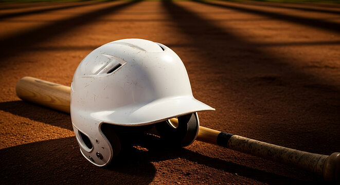 Baseball Helmet and Bat Resting on Field Dirt with Sunlight Shadows for Sports Game Concept