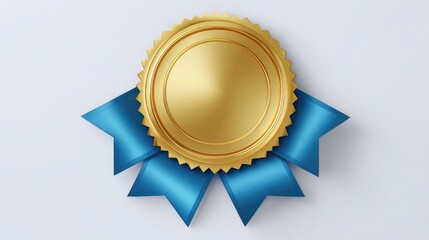 Gold seal with blue ribbon, signifying achievement or award