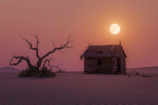 Abandoned wooden shack and dead tree in desert under full moon at sunset cabin - Powered by Adobe