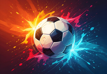 Fototapeta premium Soccer ball exploding with vibrant orange and blue paint splashes against a dark background football