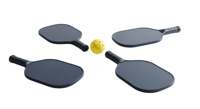 Set of four pickleball rackets and single yellow ball on clear transparent backdrop