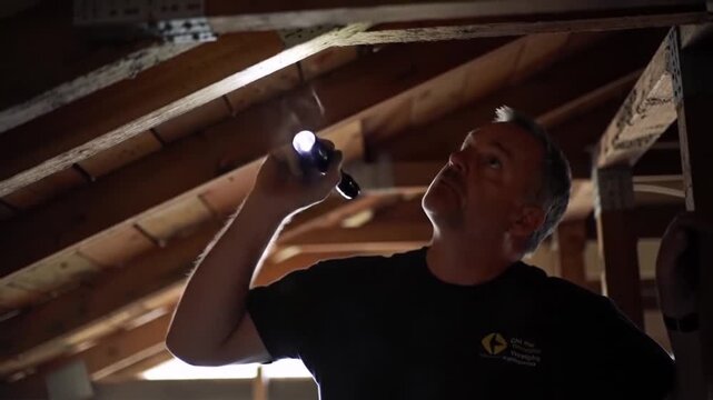Attic Inspection: Man with Flashlight Examines Roof Beams for Damage and Structural Integrity