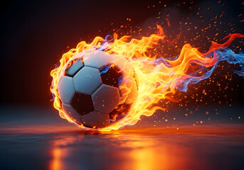 Naklejka premium Soccer Ball on Fire with Orange and Blue Flames on Reflective Surface football sport
