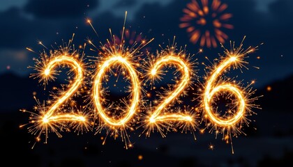 Bright golden sparklers form the 2026 new year celebration background christmas theme night sky festive atmosphere