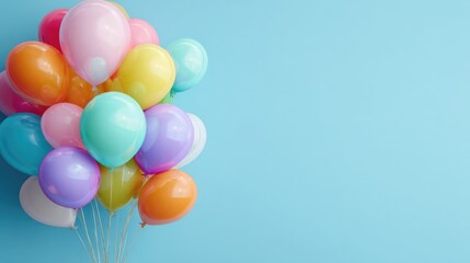 Colorful balloons bunch against light blue background