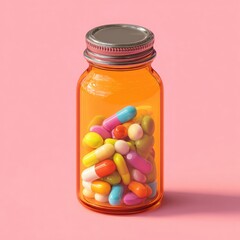 Amber bottle filled with colorful pills on pink background