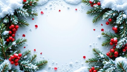 Festive winter border of pine and berries for new year 2026 background christmas theme snowy environment aesthetic viewpoint