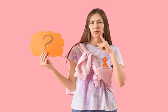 Beautiful young thoughtful woman with ribbon and speech bubble on pink background. Multiple Sclerosis Awareness Month - Powered by Adobe