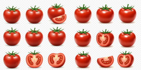 Realistic red tomatoes presented whole, sliced in half, and as wedges on a transparent background.