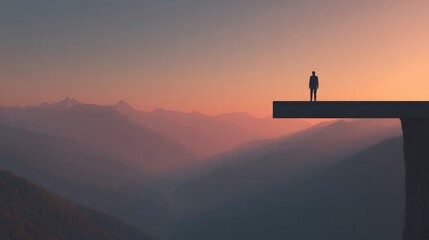 Silhouette figure on mountain cliff at sunset
