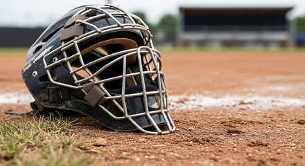 Black baseball catcher's protective mask resting on the dirt and grass of a sports field with a stadium in the background symbolizing game preparation and athletic equipment