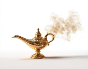 Ornate golden lamp emitting mystical smoke against white backdrop