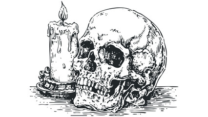 Detailed Ink Drawing of a Human Skull and Dripping Candle. Vector hand drawn illustration