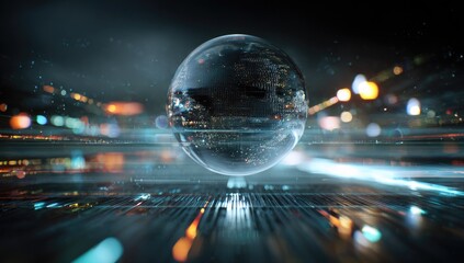Futuristic globe hovers over a glowing digital landscape
