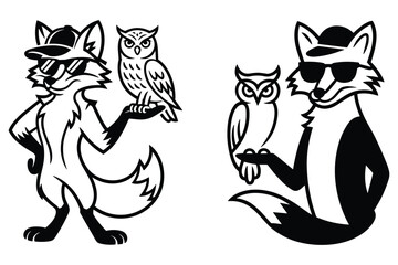 Fototapeta premium Two Foxes Wearing Sunglasses with Owls on Their Hands animals