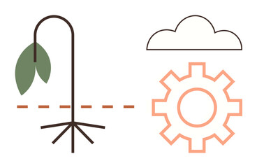 Wilted plant next to a gear and a cloud representing eco-friendly technology, innovation, sustainability, climate change, and growth. Ideal for environment, climate, eco-tech, innovation industry