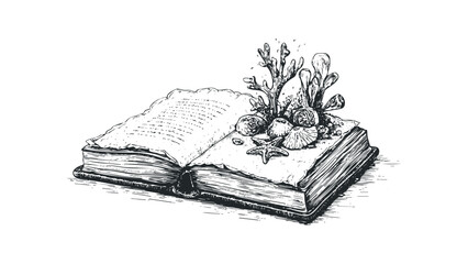 Vintage open book with nautical treasures and coral on white background. Vector hand drawn illustration