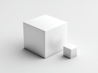 Two white cubes, one large and one small, on a plain white surface