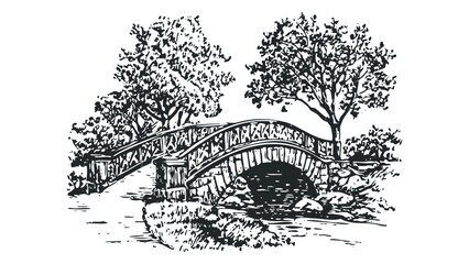 Arch stone bridge with trees and water crossing. Vector hand drawn illustration