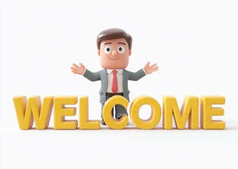 A cheerful cartoon businessman welcomes you with a big smile and open arms, standing before large yellow "WELCOME" letters