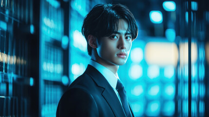 A young man in a suit standing in a futuristic, high-tech setting with blue and white lights.