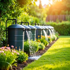 Rainwater harvesting system in a lush green garden with water flowing into a stream.