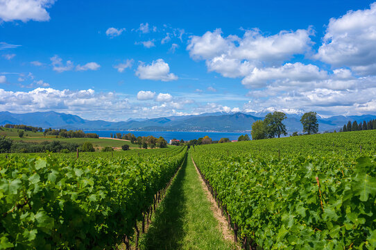 Lush green vineyard rows leading to a blue lake and snow capped mountains grapevines nature