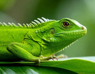 Obraz premium Close-up of a vibrant green iguana on a leaf